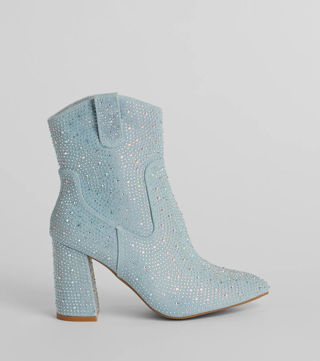 Country Star Glam Rhinestone Western Denim Booties