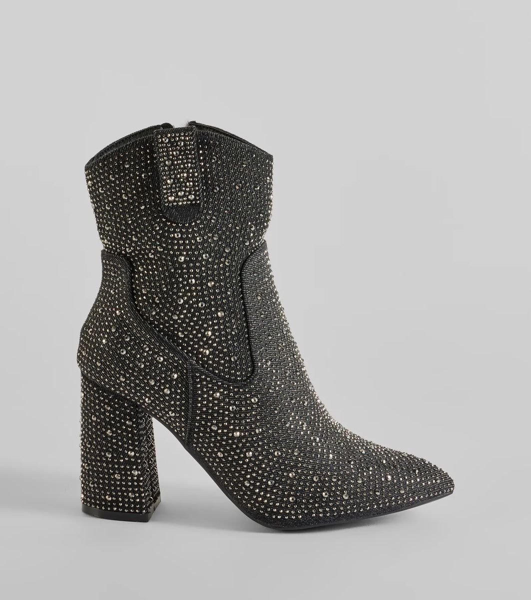 Glam Out West Rhinestone Denim Booties