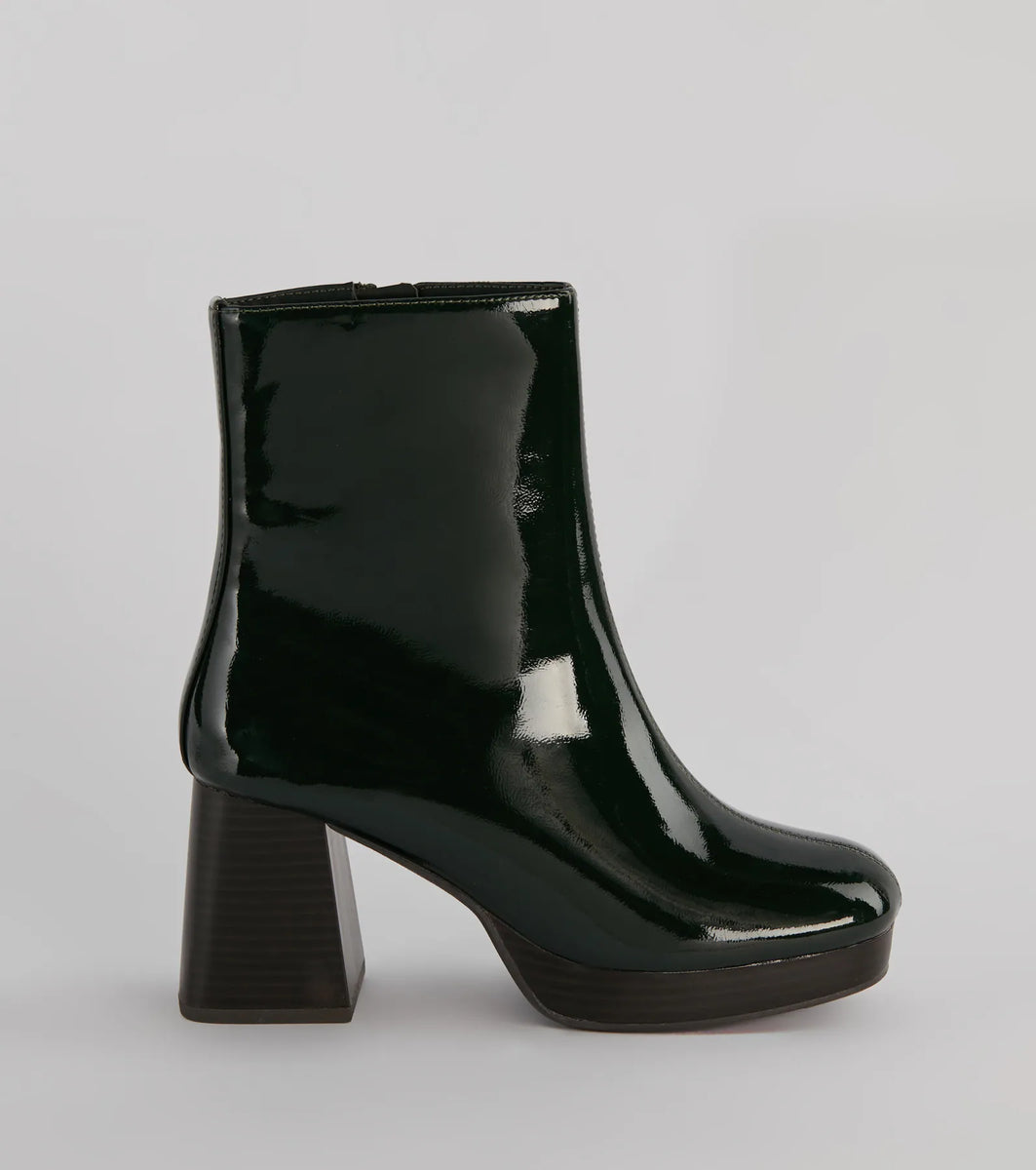 Seize The Moment Patent Block Heel Booties