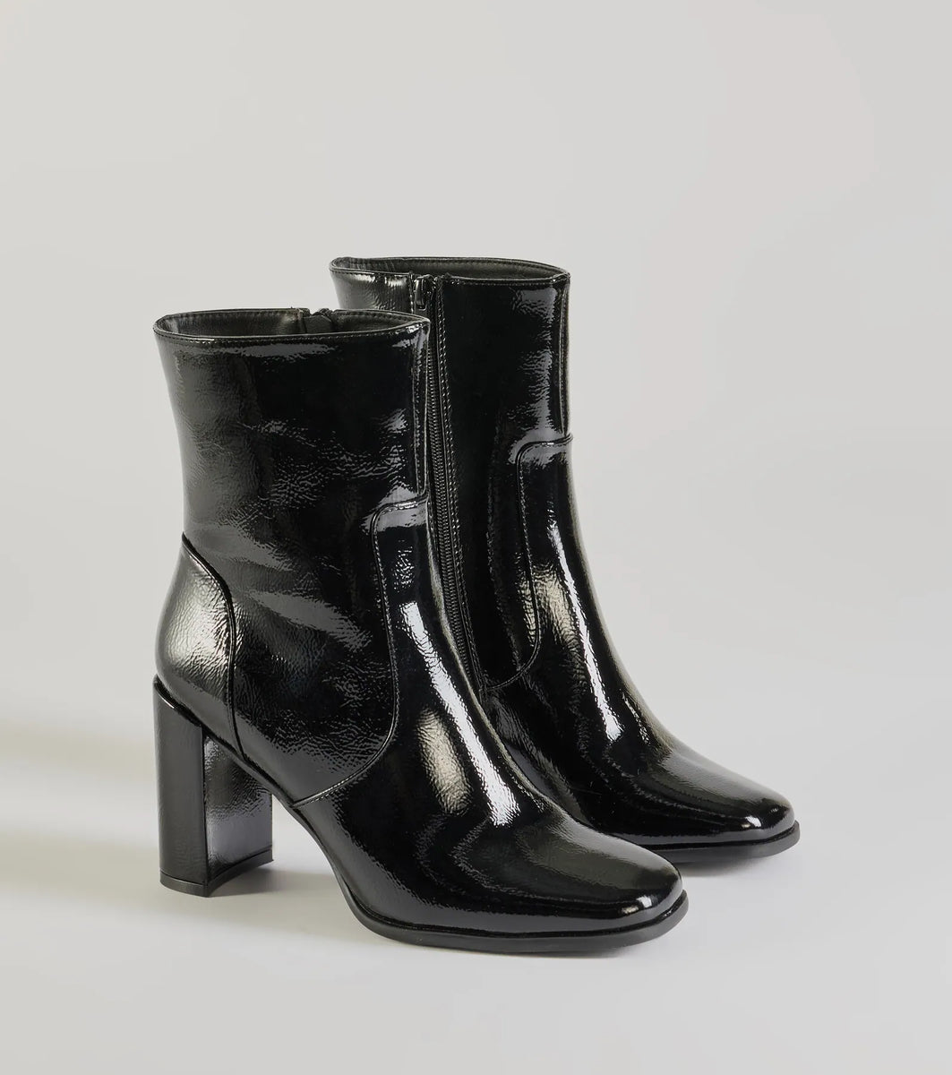 Bold Baddie Faux Patent Leather Ankle Booties