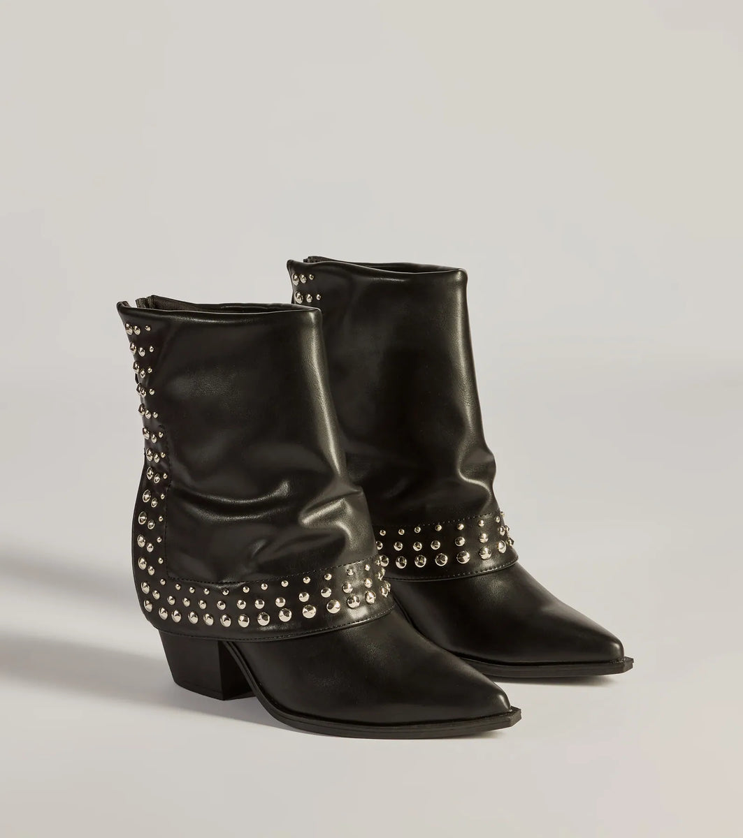 Stylishly Studded Faux Leather Fold-Over Booties