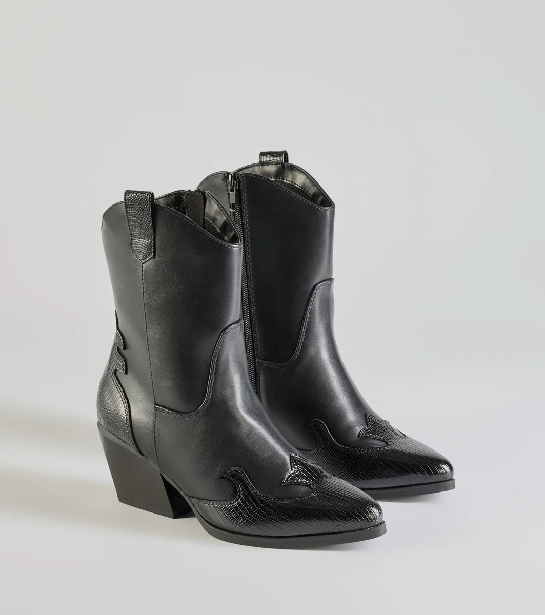 Edgy-Chic Faux Leather Western Booties