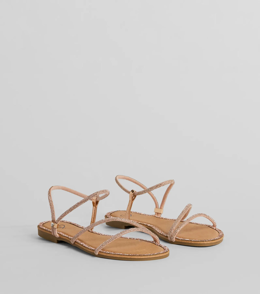 Glamour Steps Rhinestone Strappy Flat Sandals