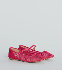 The Gleaming Rhinestone Sheer Mesh Ballet Flats are women's pink shoes for work, featuring a sleek silhouette and cushioned sole for all-day comfort, and are a trendy choice for professional or business casual outfits.