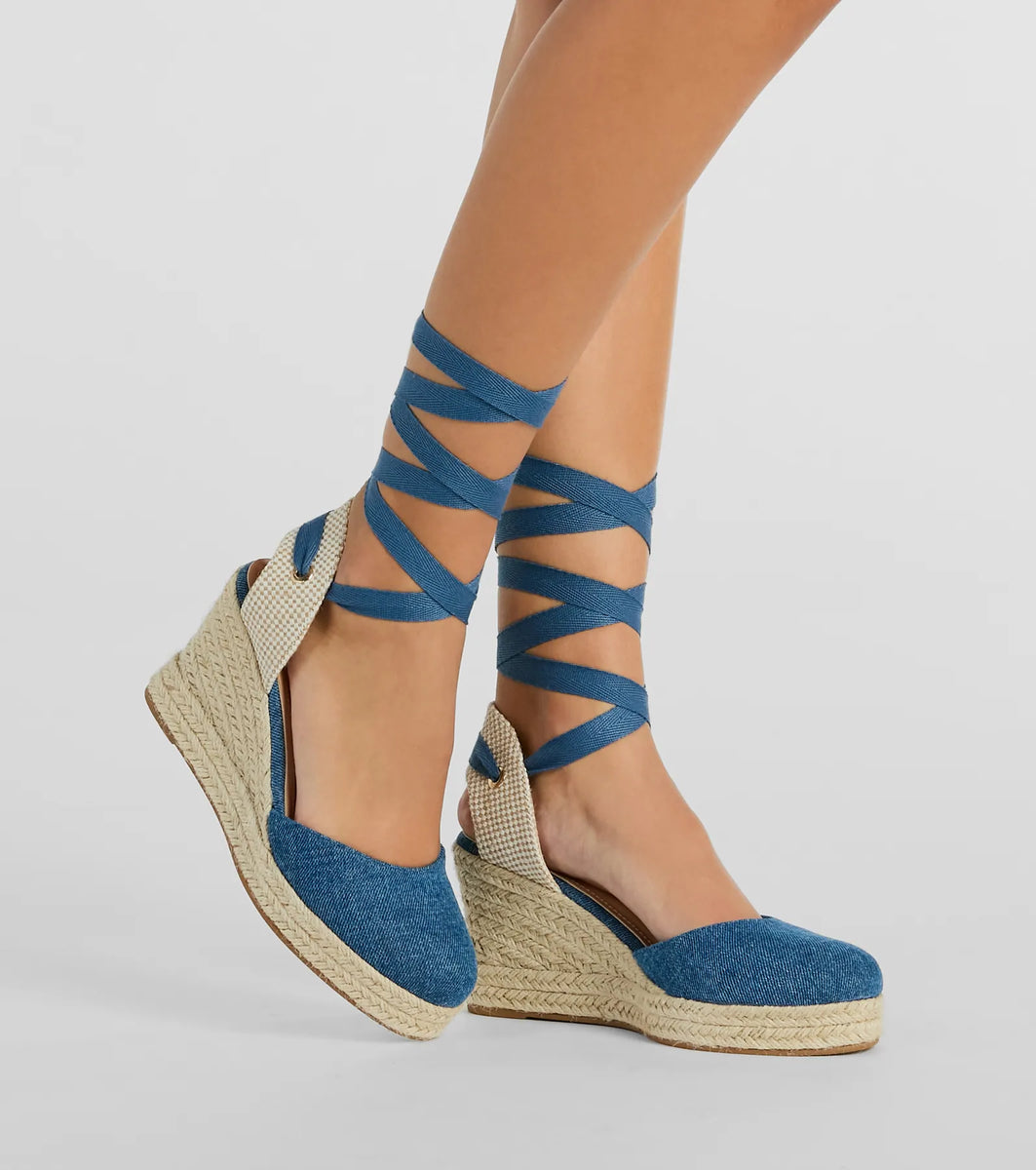 Beachy Dreams Denim Lace-Up Espadrille Wedges