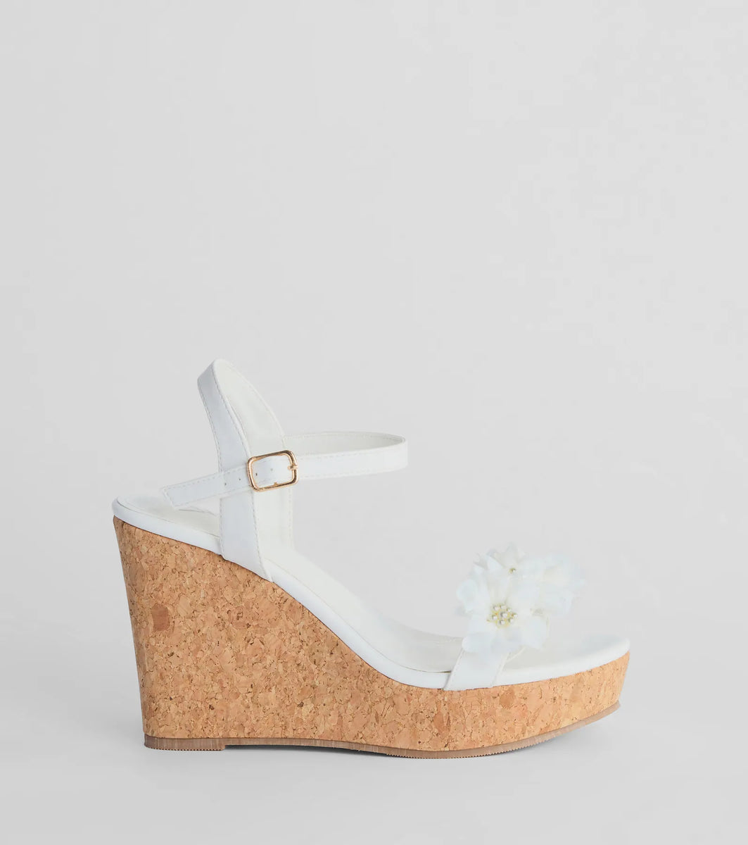 Whimsical Touch Pearl Flower Strap Cork Wedges