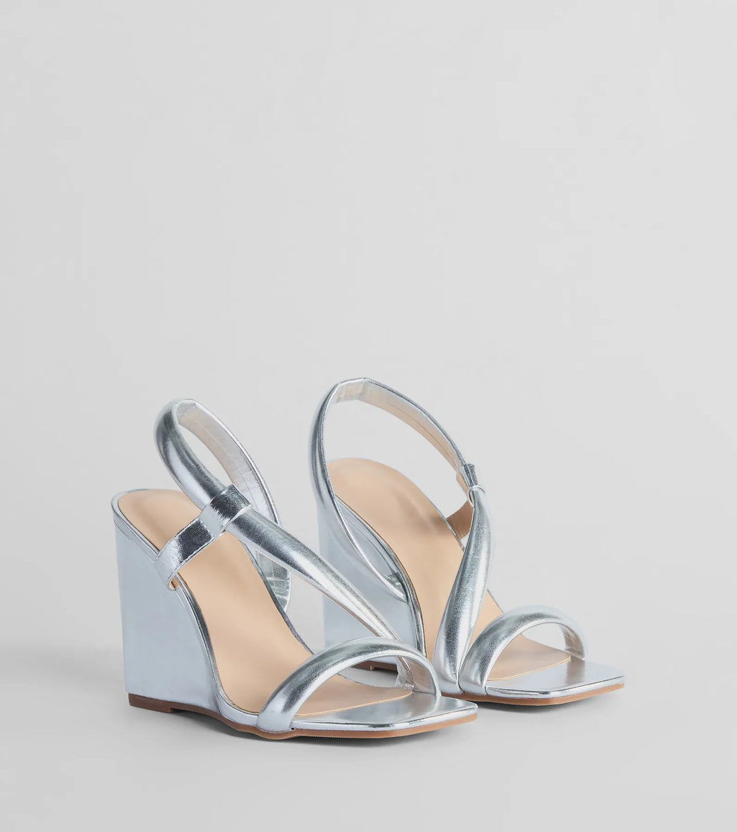 Glam Accent Strappy Metallic Faux Leather Wedges