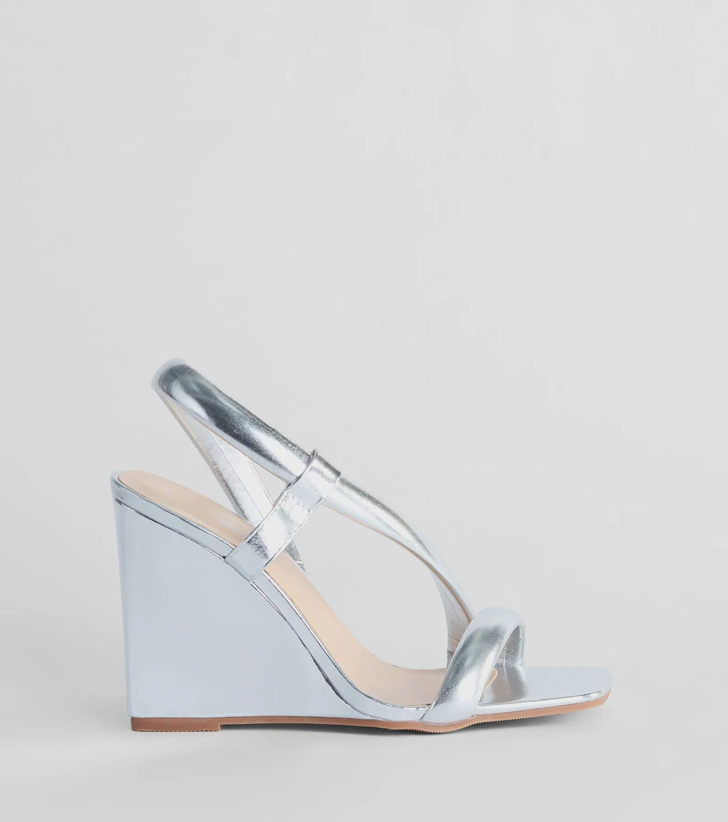 Glam Accent Strappy Metallic Faux Leather Wedges