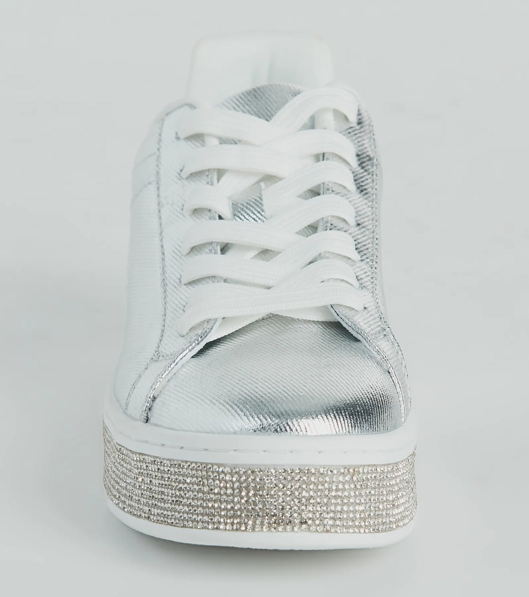 Playful Shimmer Rhinestone Trim Platform Sneakers