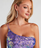 You'll be the best dressed in the Kai Formal One-Shoulder Sequin Short Dress as your fall formal dress with unique details from Windsor.