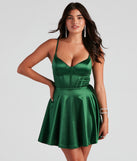 Macie Satin Corset Party  Green Prom Dress is a gorgeous pick as your 2023 prom dress or formal gown for wedding guest, spring bridesmaid, or army ball attire!