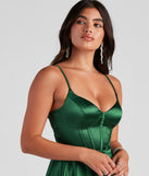 Macie Satin Corset Party  Green Prom Dress is a gorgeous pick as your 2023 prom dress or formal gown for wedding guest, spring bridesmaid, or army ball attire!