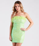 Mae Strapless Feather Sequin Party Dress is a gorgeous pick as your summer formal dress for wedding guests, bridesmaids, or military birthday ball attire!