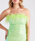 Level up your club dress with the Mae Strapless Feather Sequin Party Dress to create a trendy Vegas outfit or nightclub dress with the hottest details!