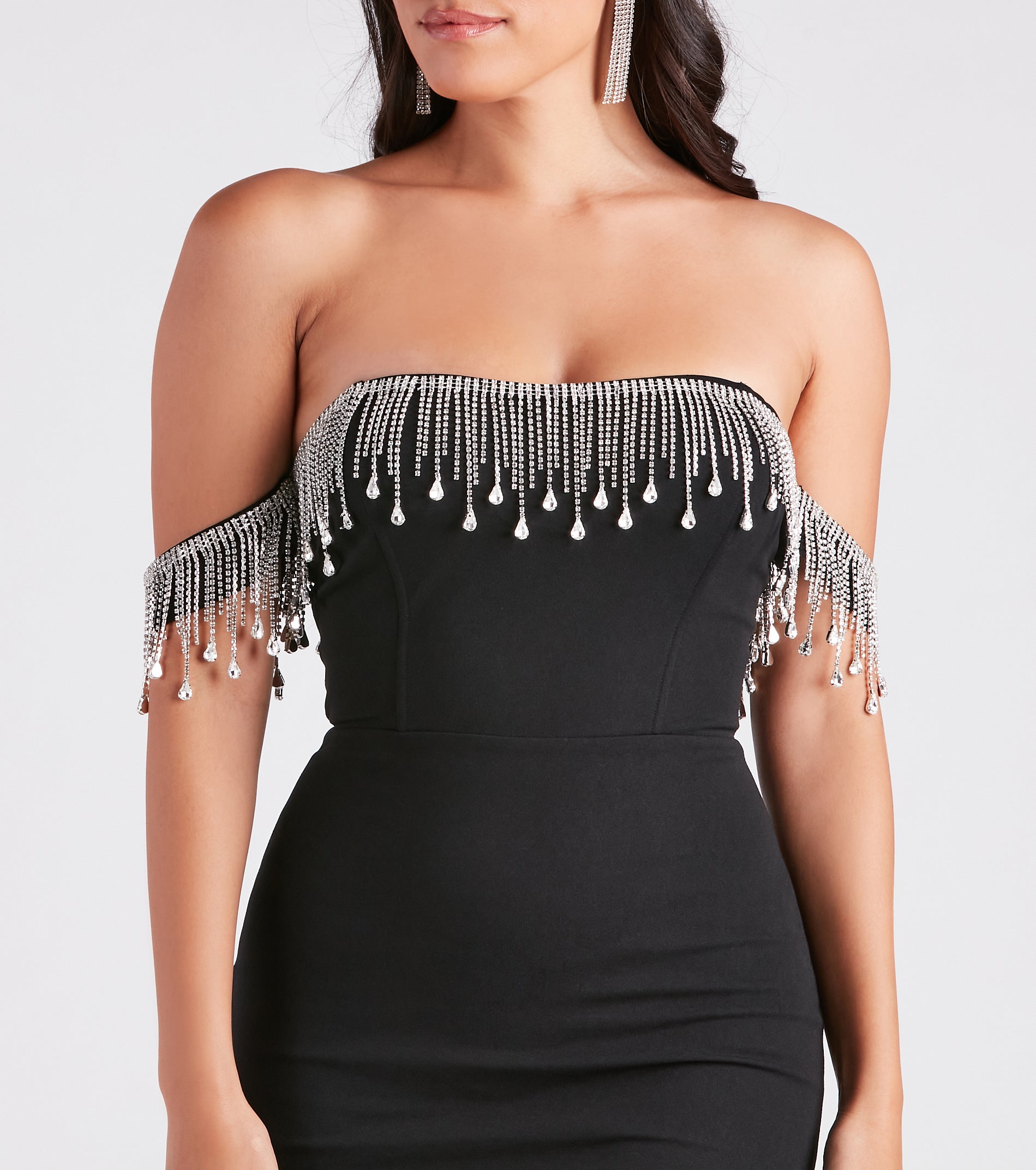 Shaylee Rhinestone Fringe Off-The-Shoulder Dress | Windsor