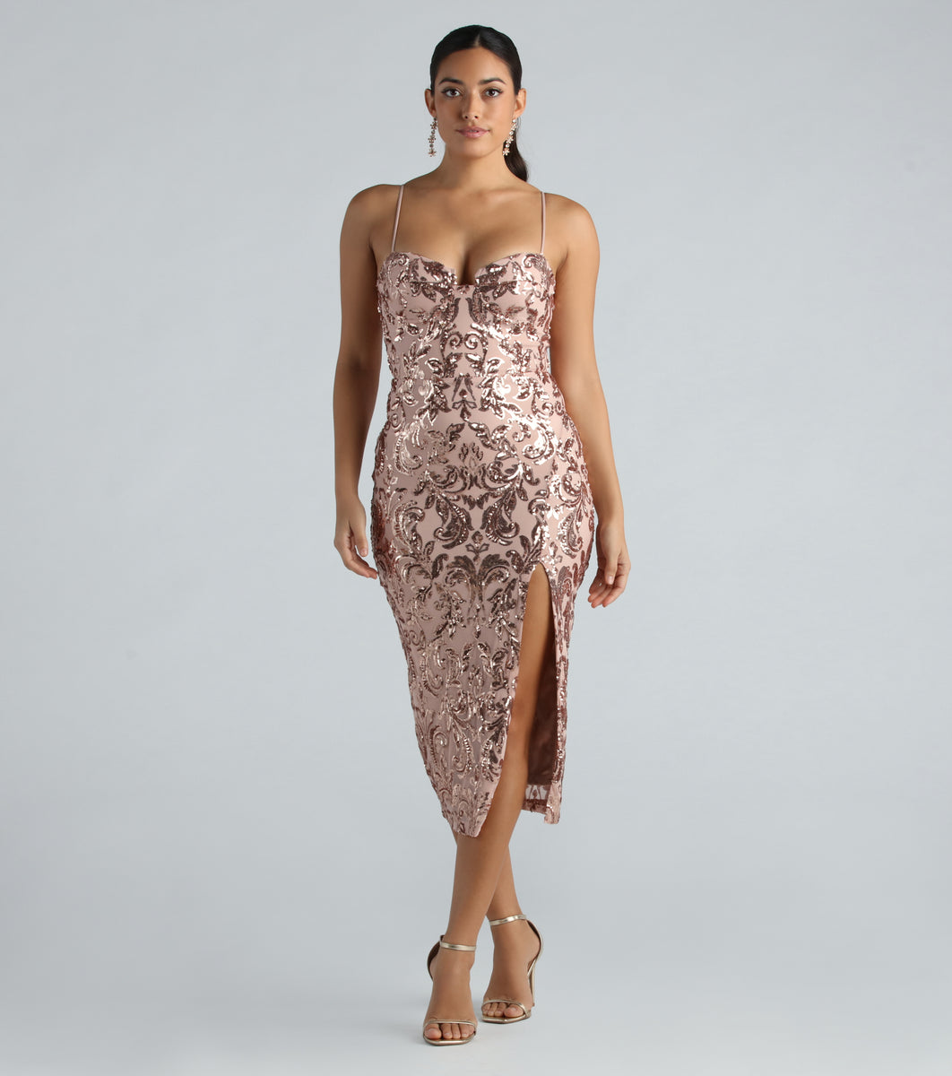Meilani Formal Sequin Scroll Slit Midi Dress
