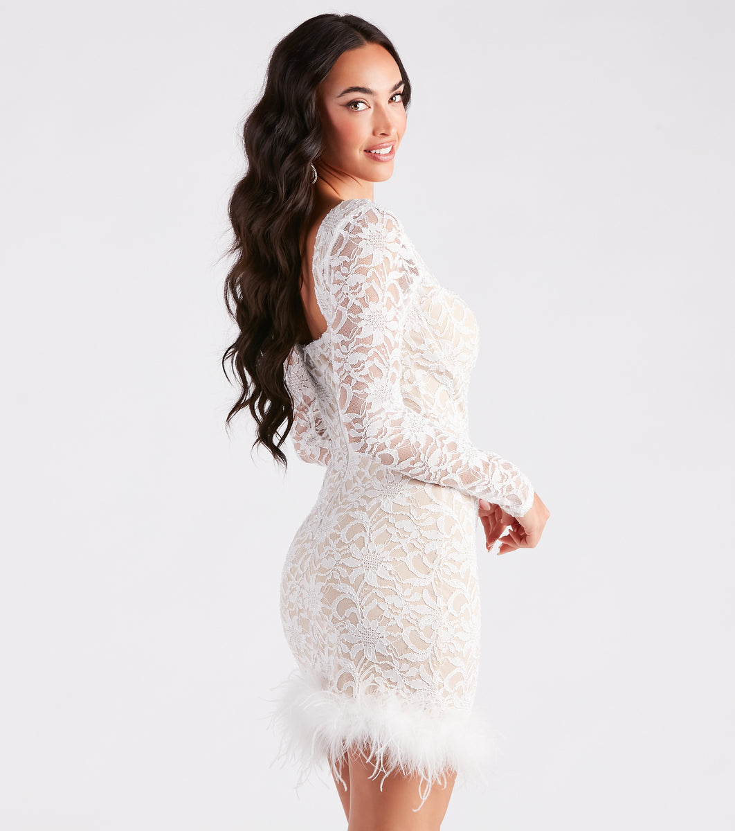 Windsor Natasha Lace Long Sleeve Feather Mini Dress