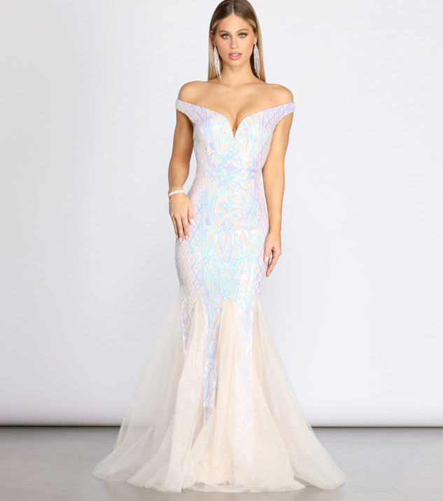 Andrina Iridescent Sequin & Tulle Off Shoulder Mermaid Dress & Windsor