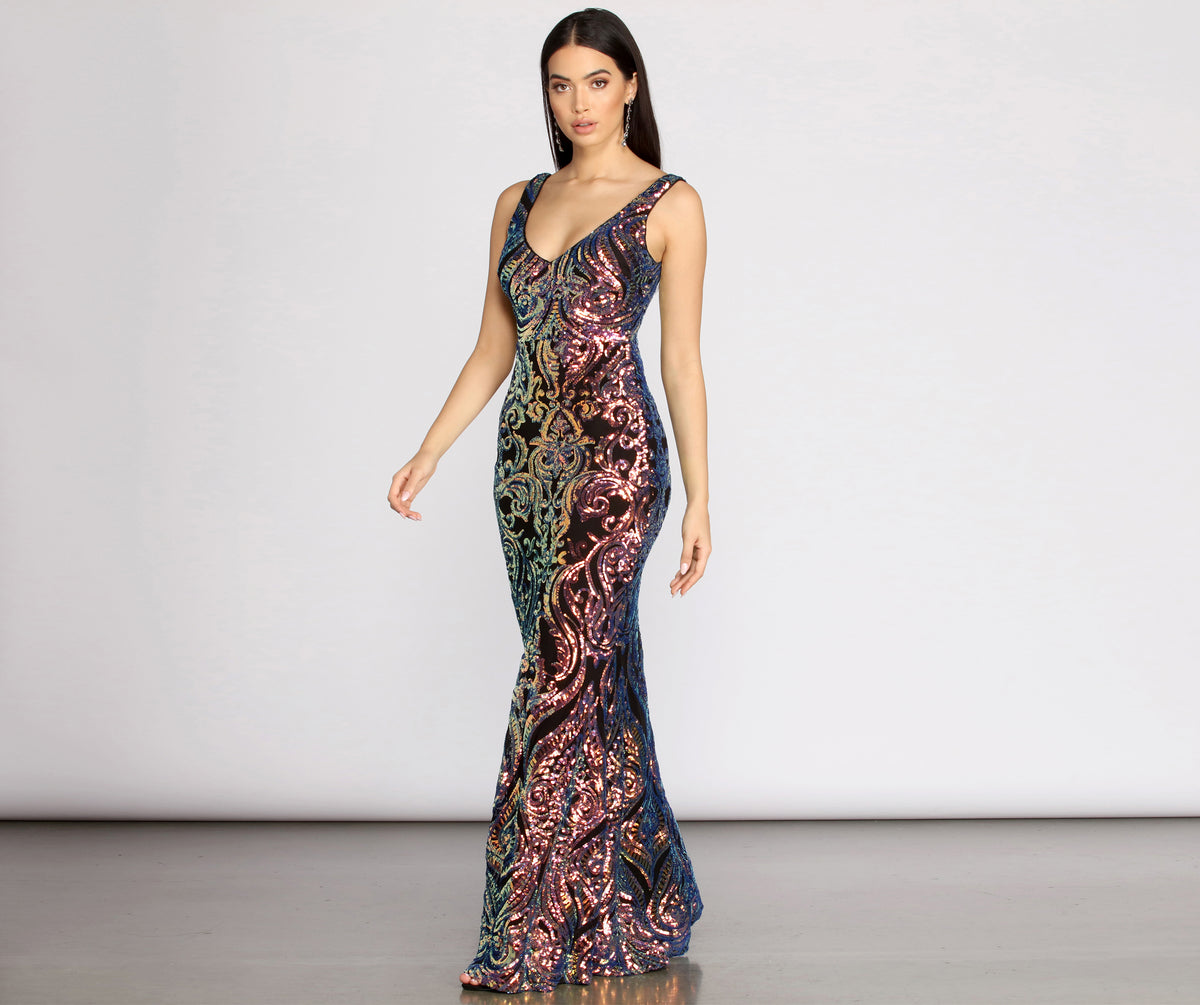 Heloise Scroll Sequin Mermaid Dress