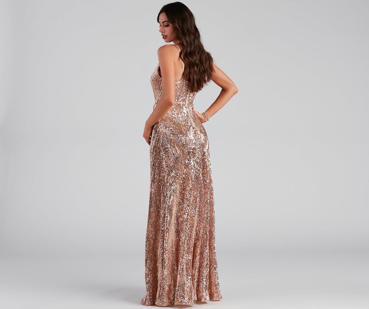 Blair Sequin Wrap-Front Formal Dress