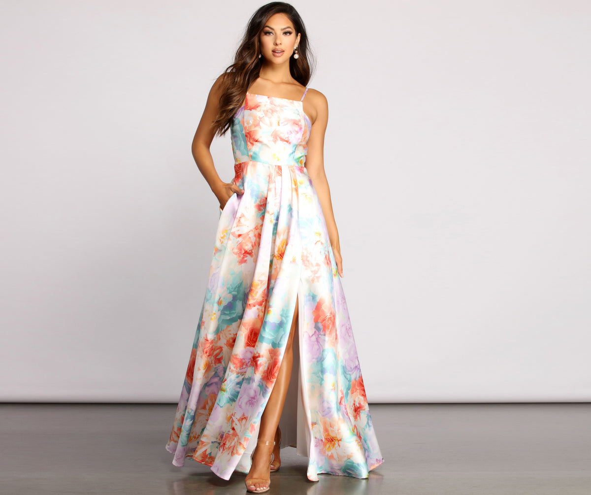 Cami Formal Floral Satin A-Line Dress