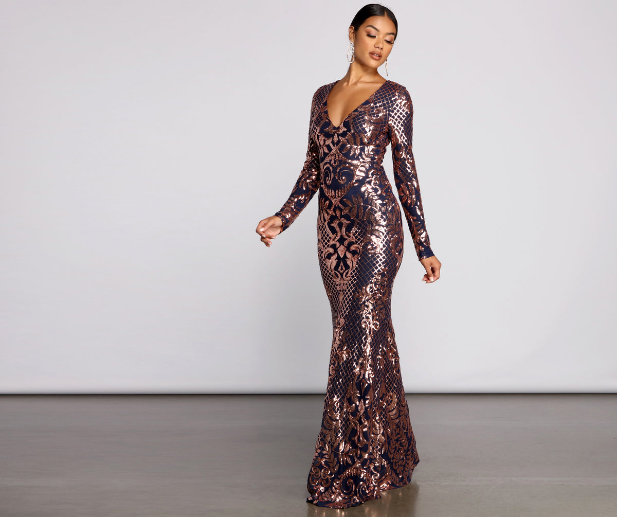 Ayla Formal Long Sleeve Sequin Scroll Dress