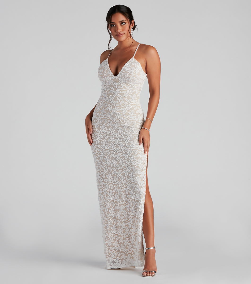 Dixie Lace Mesh High-Slit Formal Dress