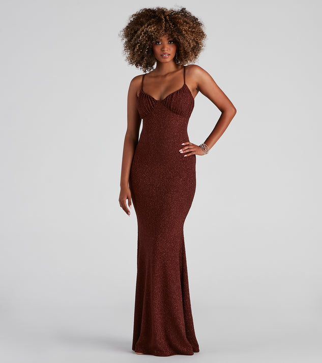 glitter knit spaghetti strap gown with pockets