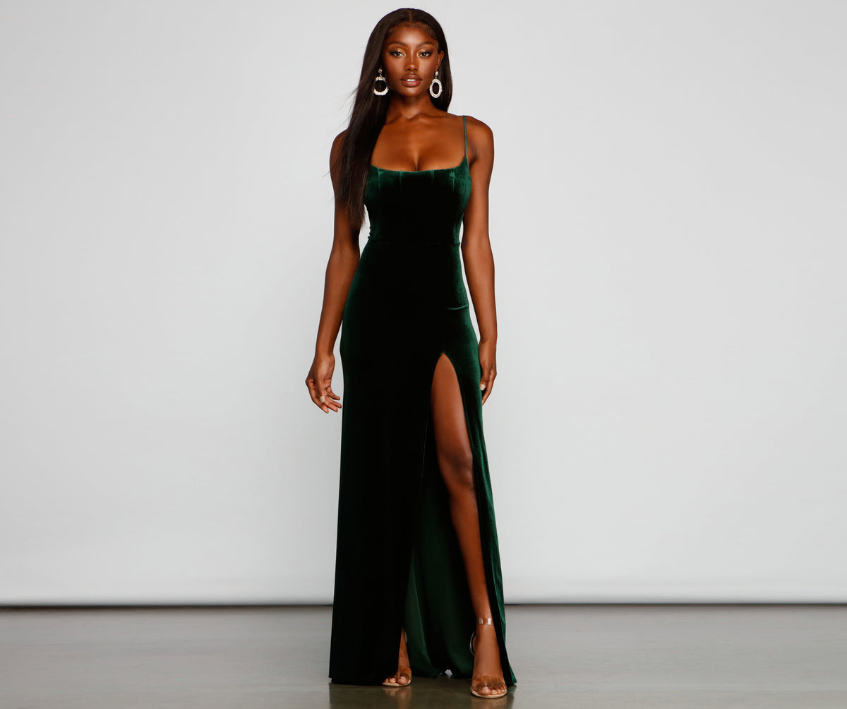 Long Halter Black Velvet Slender Formal Evening Dress With Bow Straps Back  #T21060 