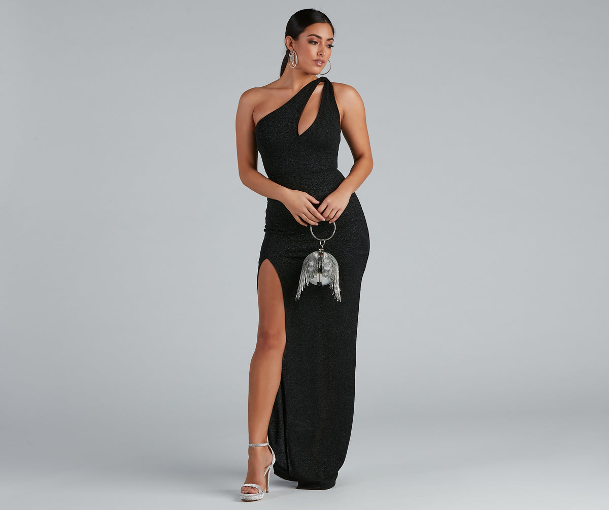 Evette Glitter One-Shoulder Slit Formal Dress