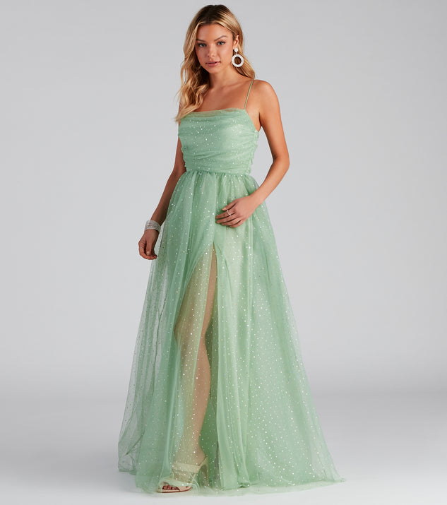 Larissa Formal Tulle Glitter  Green Prom Gown is a gorgeous pick as your 2023 prom dress or formal gown for wedding guest, spring bridesmaid, or army ball attire!