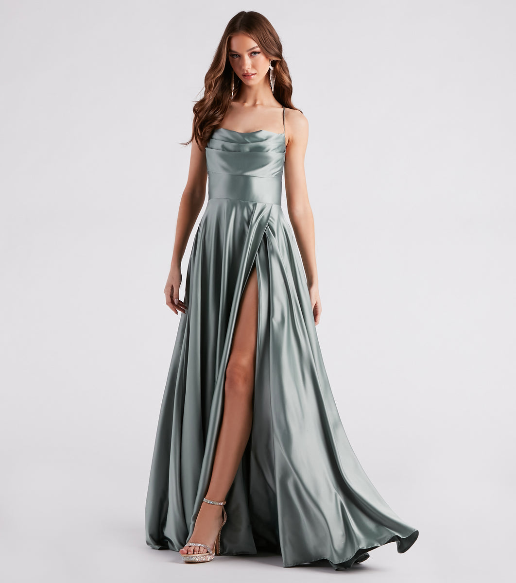 Elaina Formal Satin Cowl A-Line Dress & Windsor