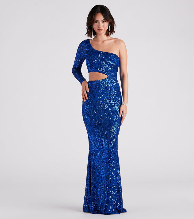 Emmie Formal Sequin One-Shoulder  Blue Prom Dress is a gorgeous pick as your 2023 prom dress or formal gown for wedding guest, spring bridesmaid, or army ball attire!