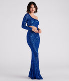 Emmie Formal Sequin One-Shoulder  Blue Prom Dress is a gorgeous pick as your 2023 prom dress or formal gown for wedding guest, spring bridesmaid, or army ball attire!