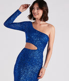 Emmie Formal Sequin One-Shoulder  Blue Prom Dress is a gorgeous pick as your 2023 prom dress or formal gown for wedding guest, spring bridesmaid, or army ball attire!