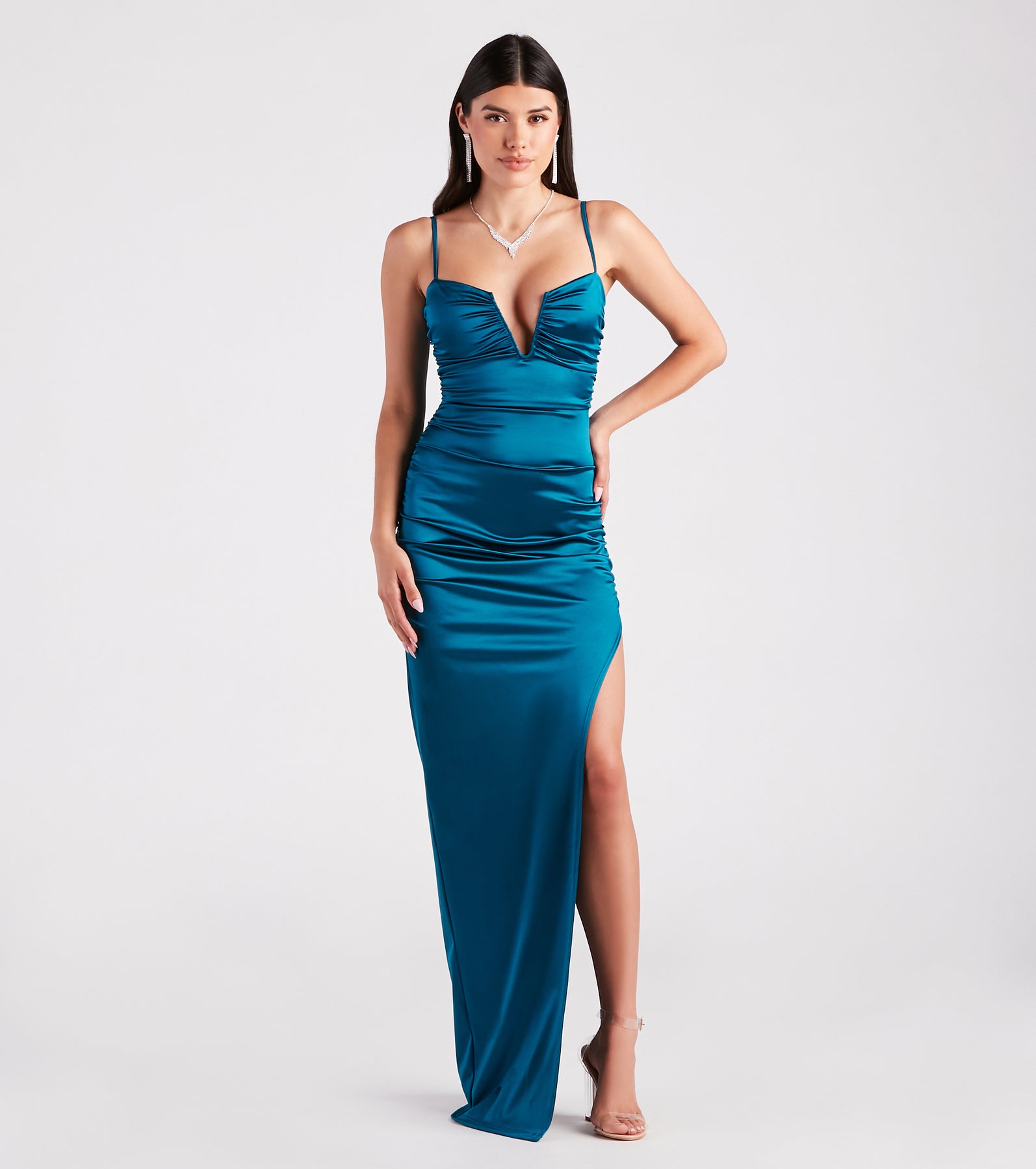 Jessa Formal Satin V-Neck Slit Dress & Windsor