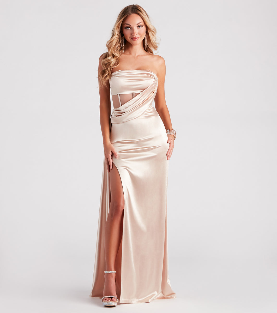 Celine Formal Satin A-Line Dress With Sash