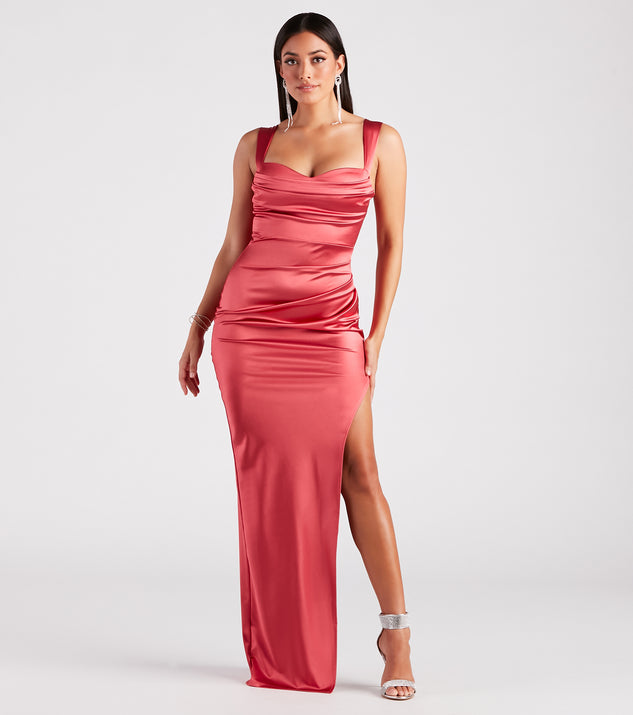Kirsten Satin Cowl Neck High Slit Formal Dress & Windsor