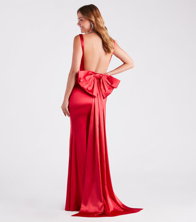 Dianna Formal Satin Bow Mermaid Dress is a gorgeous pick as your formal dress for wedding guests, fall bridesmaids, or military birthday ball attire!