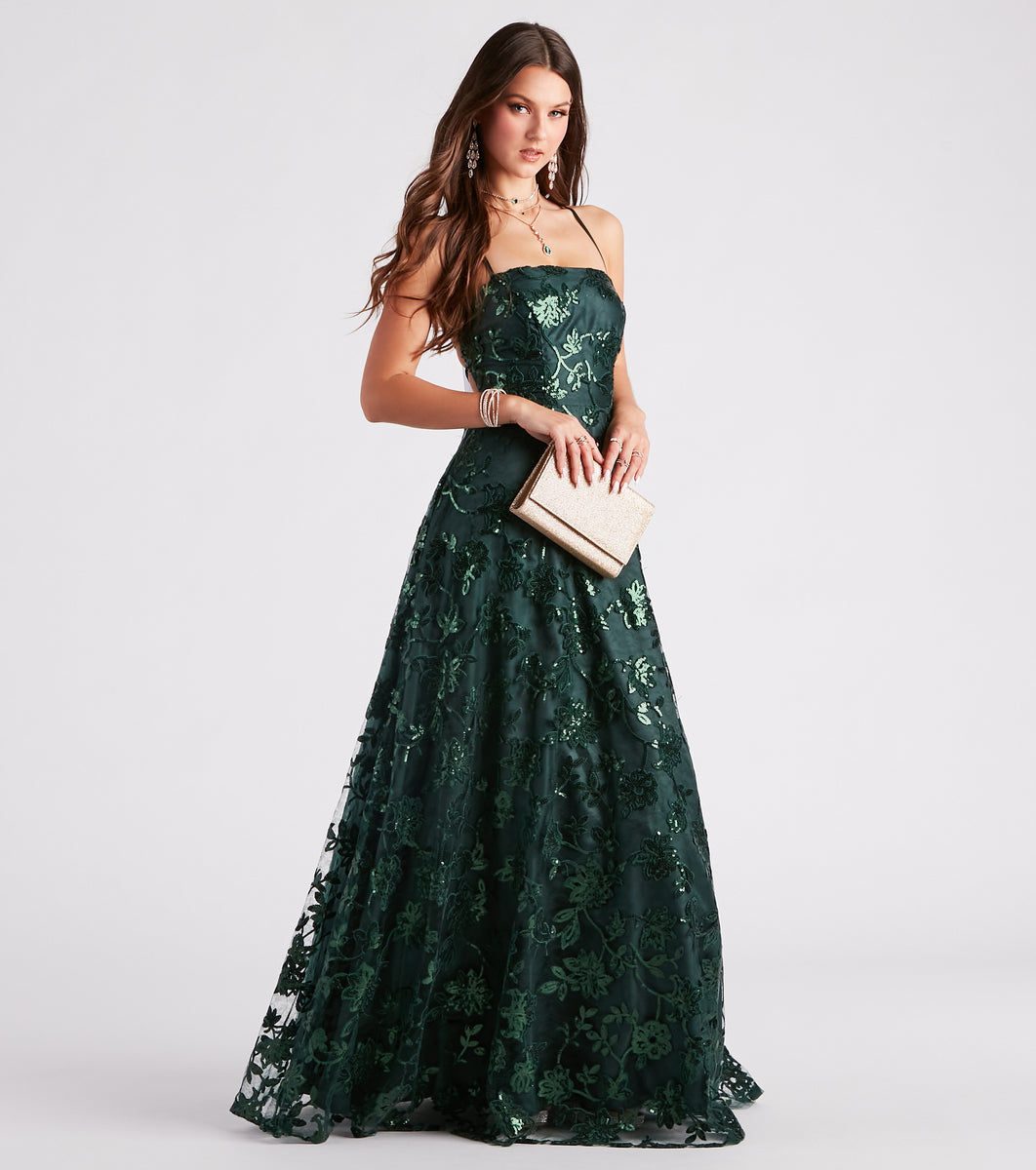 Cameron Sequin Embroidered A-Line Formal Dress