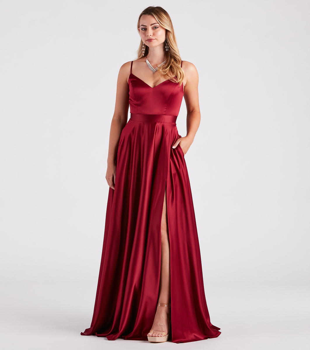 Emilie Formal Satin A-Line Dress With Pockets & Windsor