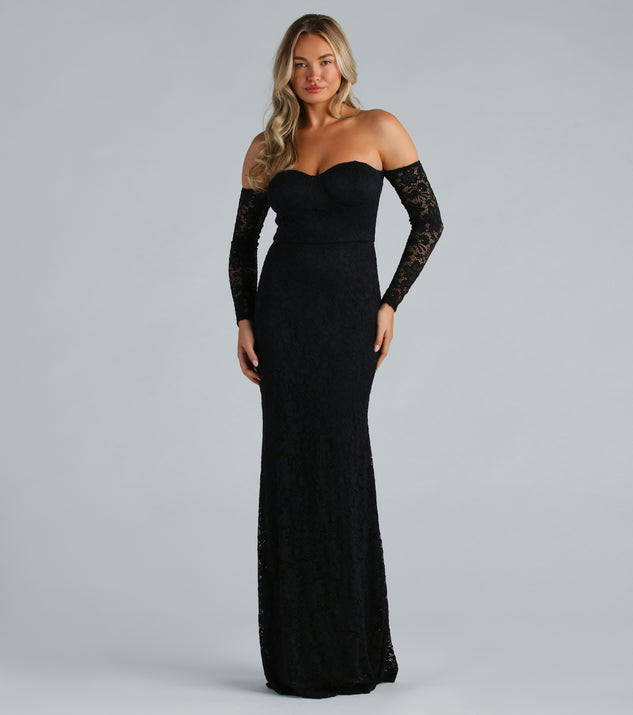 Sammy Formal Lace Off-The-Shoulder Mermaid Dress is a gorgeous pick as your formal dress for wedding guests, fall bridesmaids, or military birthday ball attire!