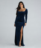 You'll be the best dressed in the Pam Formal Velvet Long Sleeve Mermaid Dress as your fall formal dress with beautiful and unique details from Windsor.