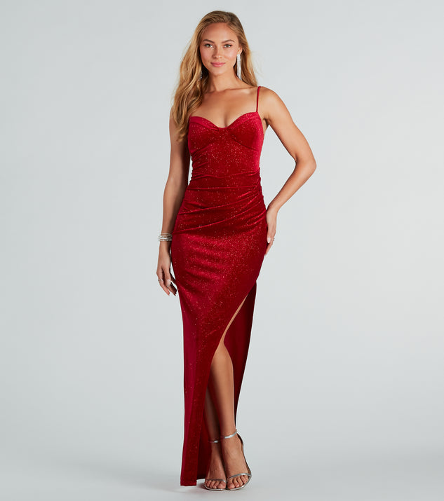 Red Sequin Strapless Glitter Evening Dress With High Slit Elegant