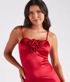 Leia Rosette Applique Long Satin Formal Dress is a stunning choice for a bridesmaid dress or maid of honor dress, and to feel beautiful at Prom 2024, spring or summer weddings, formals, & military balls!