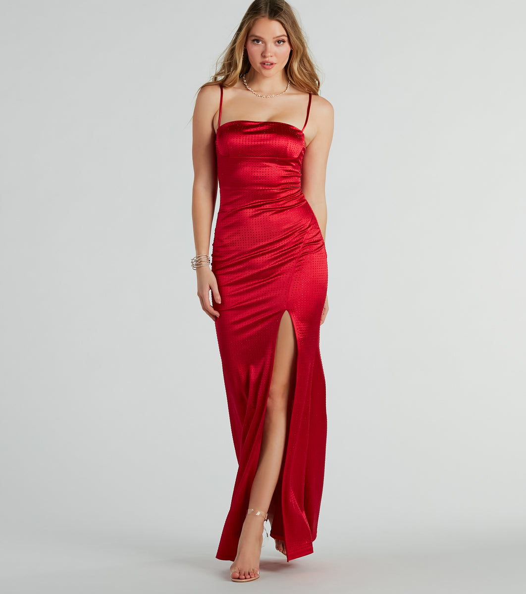 Hallie Rhinestone Satin High Slit Mermaid Dress & Windsor