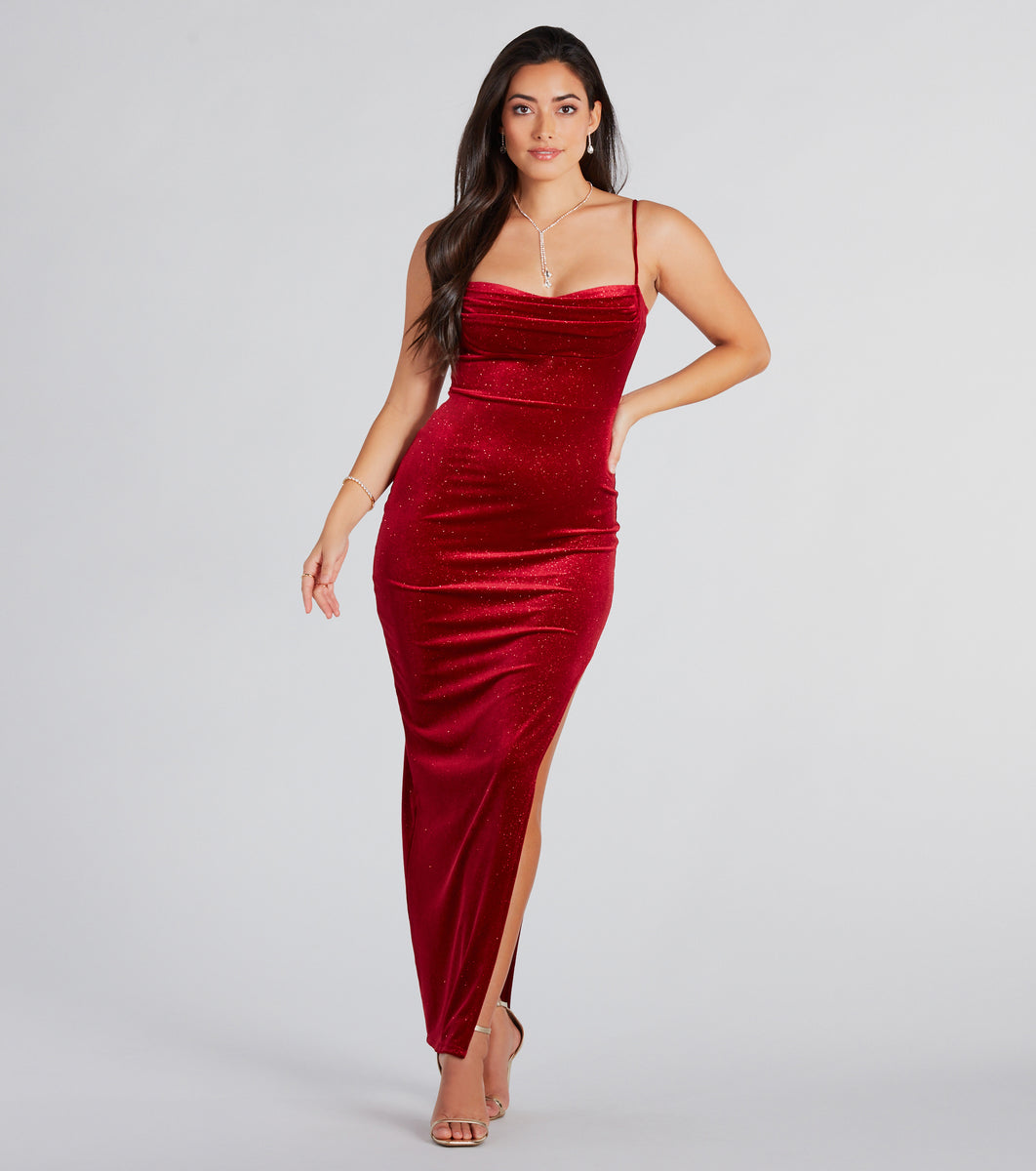 Azelia Formal Glitter Velvet Slit Long Dress & Windsor