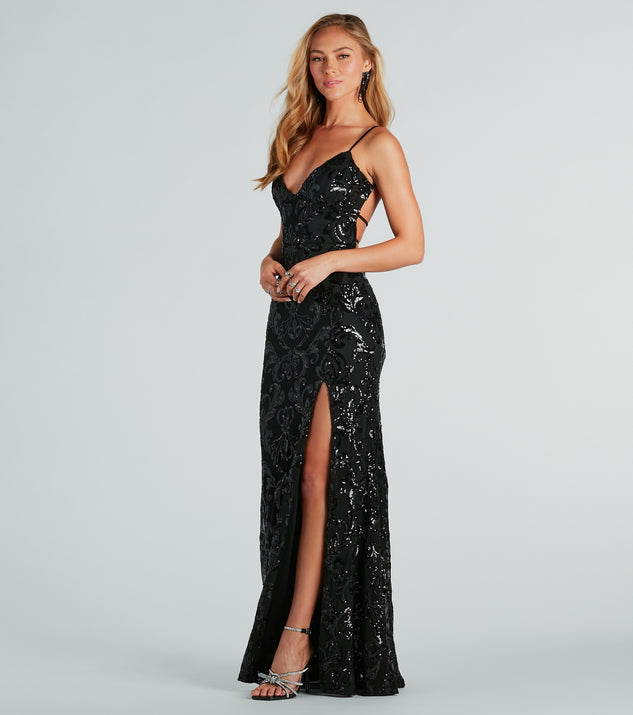 One Night Only Black Sequin Embellished Bodysuit Slit Evening Gown