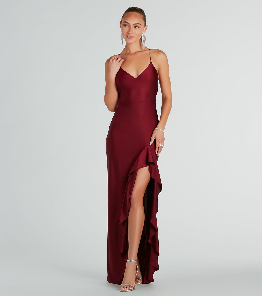 Lainey Ruffled High Slit Long Formal Dress & Windsor