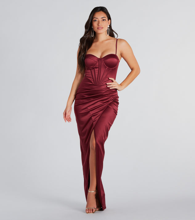 Emmaline Formal Satin Bustier Long Dress is a gorgeous pick as your summer formal dress for wedding guests, bridesmaids, or military birthday ball attire!